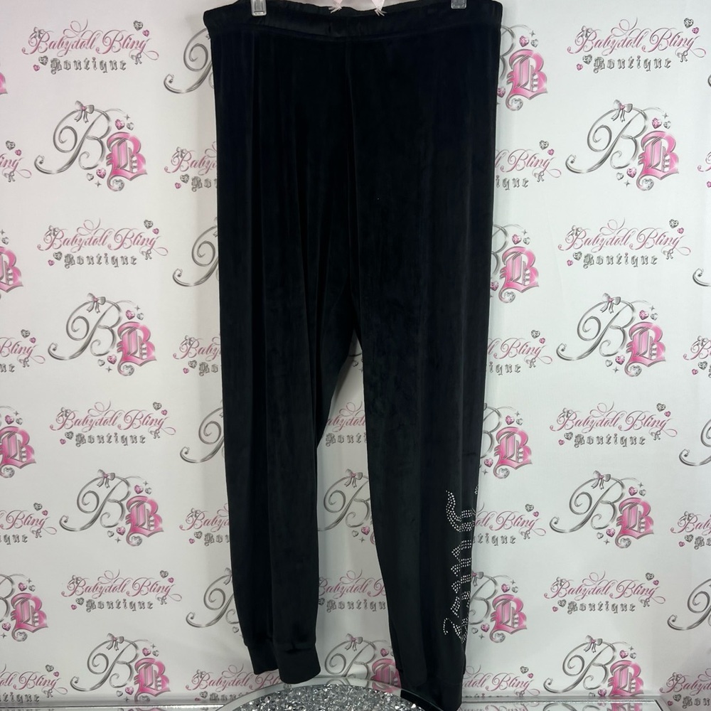 Juicy Couture rhinestone jogger pants sweatpants comfy Black Velour Sleepwear